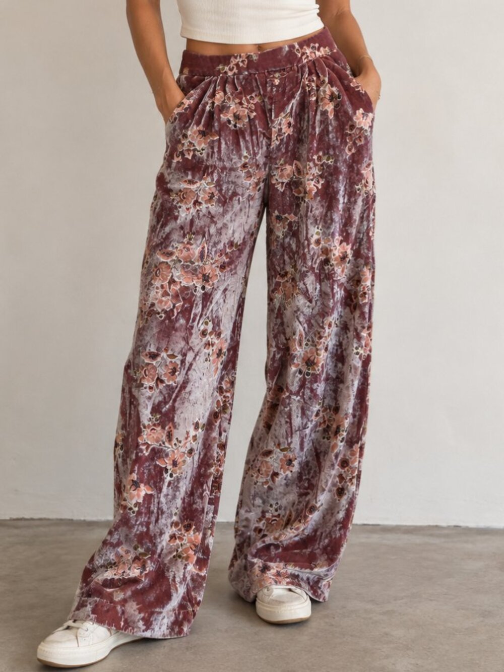 Floral Crushed Velvet Wide Leg Pants Mauve Pink Size Small